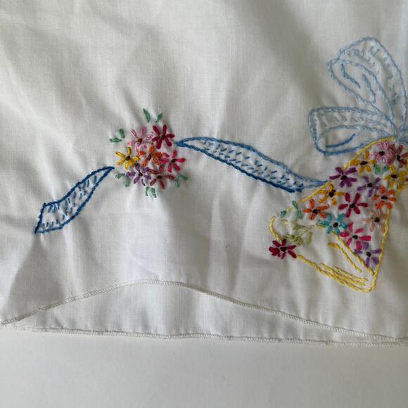 Vintage Handmade Embroidered Pillowcase with Wedding Bells and Ribbons - Picture 5 of 11